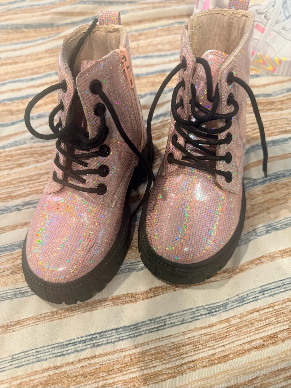 Girls' Sparkle Pink Lace-Up Boots with Side Zip